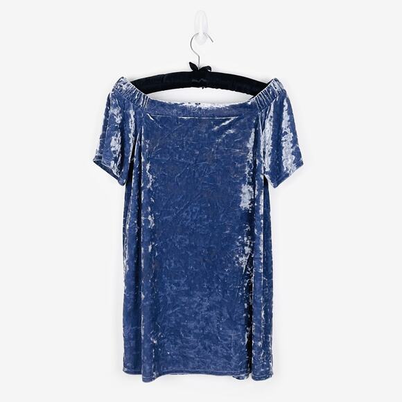 Forever 21 Velvet Mini Dress Size M Blue Off Shoulder Glam Retro Party Cocktail - Picture 4 of 11